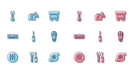 Set line Gear shifter, Screwdriver and wrench spanner, Wrench, Automotive turbocharger, Timing belt kit, Car Audio and First aid warning triangle icon. Vector