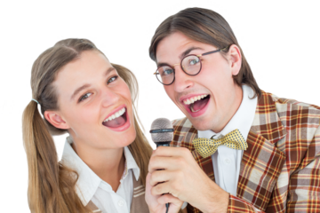Happy geeky hipsters singing with microphone