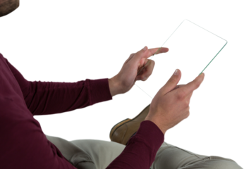 Man using glass digital tablet 