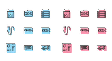 Set line Motherboard digital chip, Keyboard, Uninterruptible power supply, Computer monitor, SSHD card, SSD, USB cable cord and Hard disk drive HDD icon. Vector