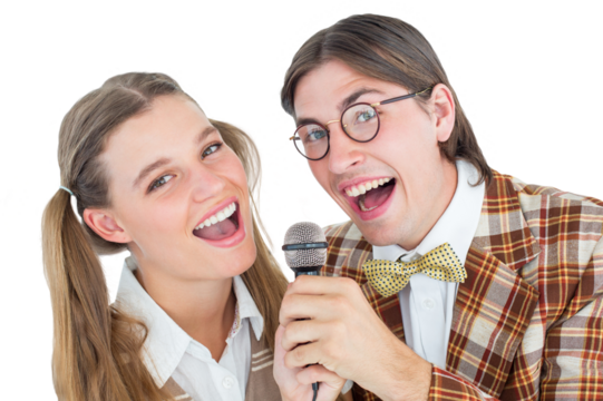 Happy geeky hipsters singing with microphone - Powered by Adobe