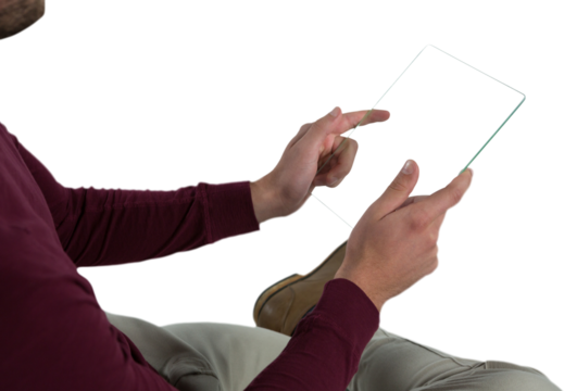 Man using glass digital tablet 
