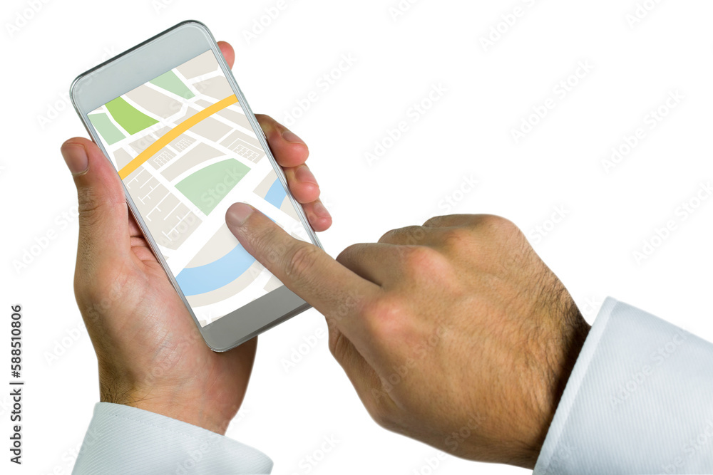 Poster man using map app on phone