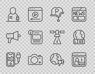 Fototapeta premium Set line Mobile recording, Information, War journalist, Photo camera, Journalist news, World and Live report icon. Vector