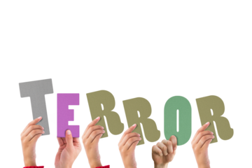 Cropped hands holding colorful alphabets forming terror