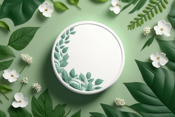 White round template podium mockup with natural organic cosmetic product, green fresh leaves nature frame. AI generated