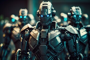 Fototapeta na wymiar Army of metal cyborg robots, selective focus. AI generated, human enhanced.