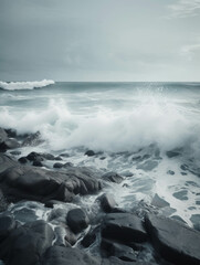 Foamy white waves rolling onto a rocky shoreline.. AI generation.