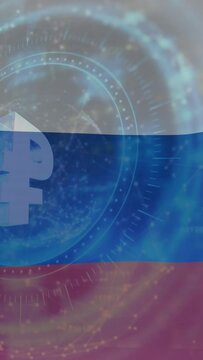 Animation of scope scanning and rouble symbol over flag of russia