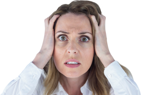 Stressed businesswoman with hands on her head