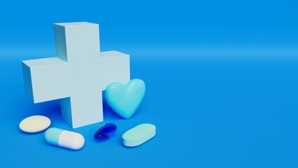 Fototapeta premium cross, heart and pills on blue stage, usable in health and medicine themes, 3d illustration