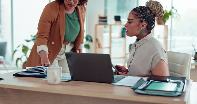 Social Media, Selfie And A Manager Arguing With Business Black Woman In The Office About A Work Deadline. Stress, Distraction And Management With A Female Leader Scolding An Employee Over Documents