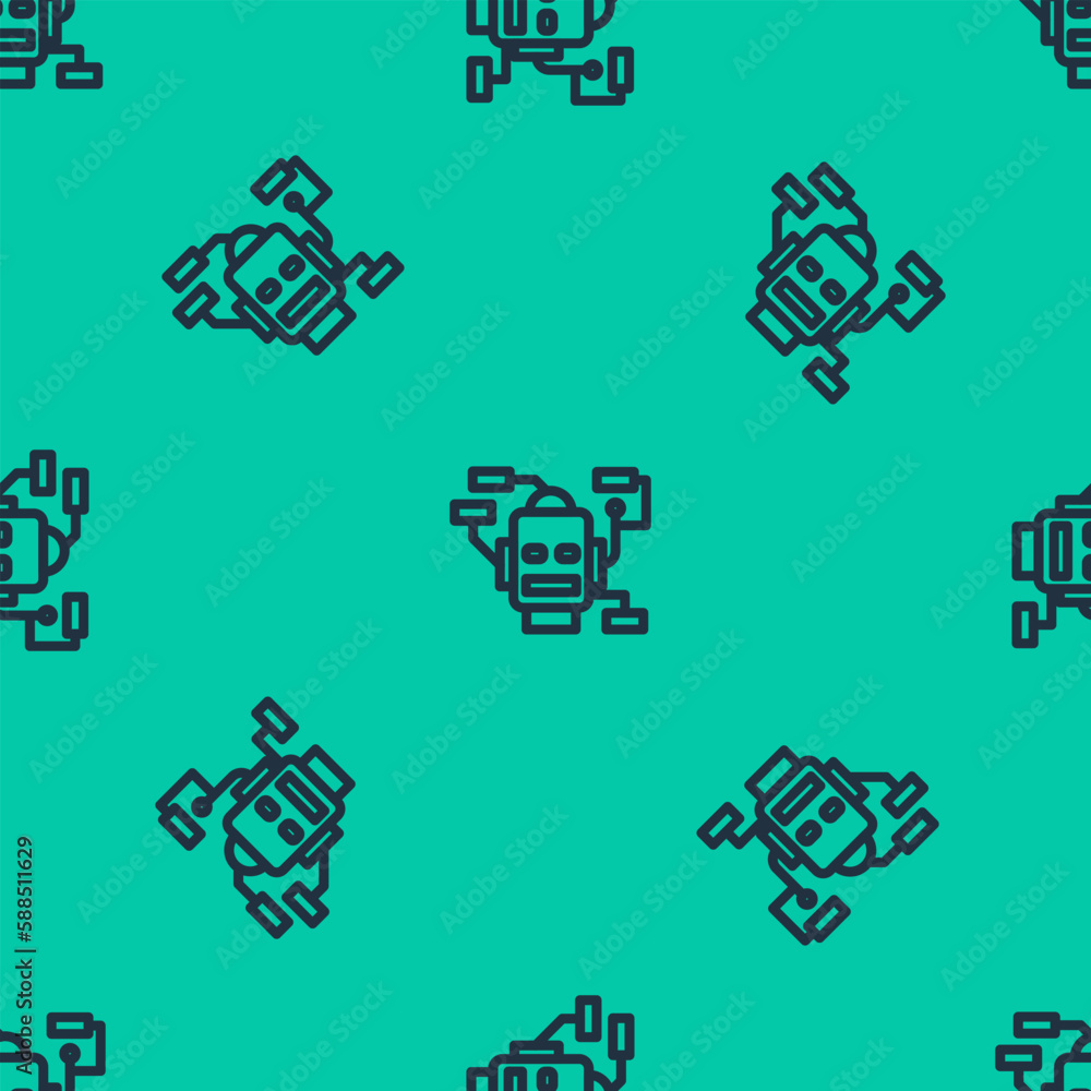 Poster blue line robot icon isolated seamless pattern on green background. artificial intelligence, machine