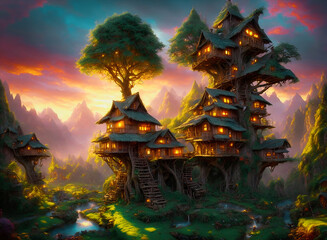 the scenery in the elf village when sunset