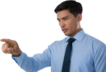 Close up of confident businessman touching invisible interface