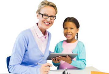Portrait of student with teacher holding digital tablet