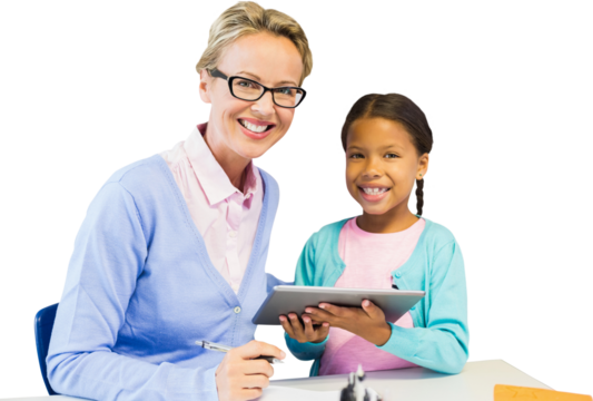 Portrait of student with teacher holding digital tablet - Powered by Adobe