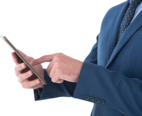Midsection of businessman using digital tablet