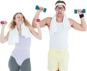 Geeky hipster couple lifting dumbbells in sportswear