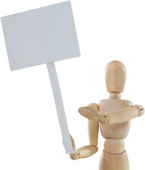 3d image of wooden figurine holding blank sign board