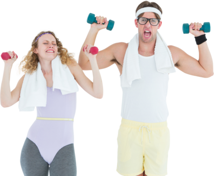 Geeky hipster couple lifting dumbbells in sportswear 