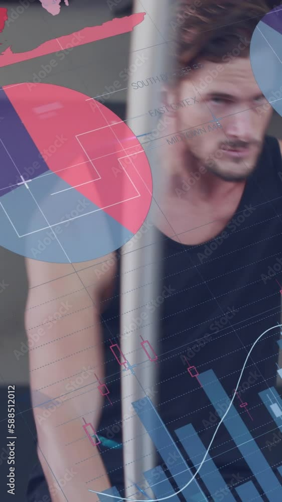 Poster animation of graphs and data over caucasian man exercising at gym