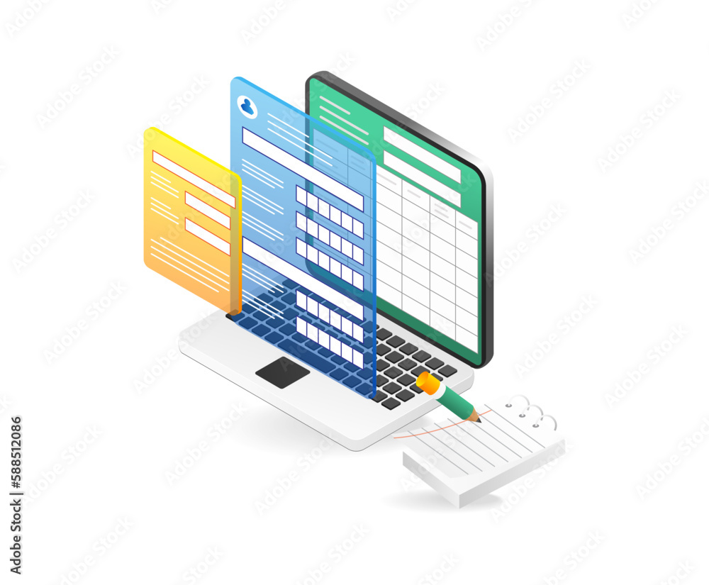 Poster concept 3d isometric illustration of computer registration table application
