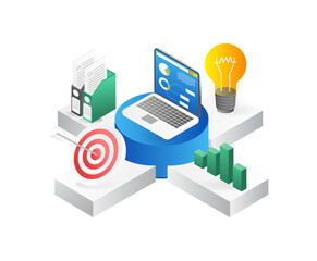 Laptop and business icons on white background. Isometric vector illustration.