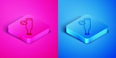 Isometric line Baseball bat with ball icon isolated on pink and blue background. Square button. Vector