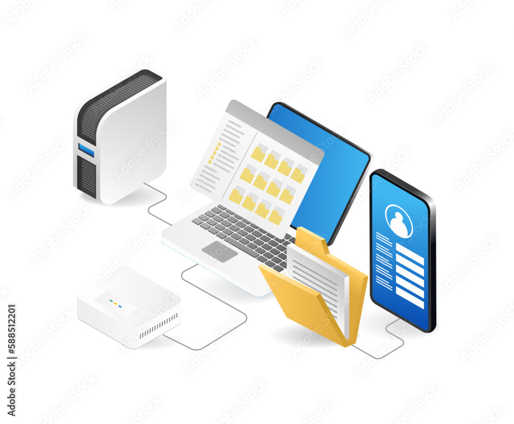 Poster isometric laptop mobile phone folder and server. vector illustration.