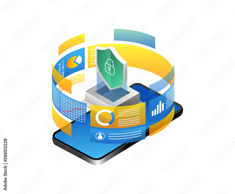 Aufkleber data protection isometric concept with smartphone and shield on white background vector illustration