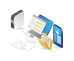Isometric laptop mobile phone folder and server. Vector illustration.