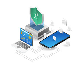 Data protection concept. Laptop, smartphone and shield. Isometric vector illustration.