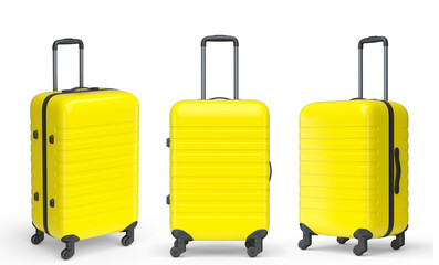 Set of luggage with beach accessories for summer holidays on white background.