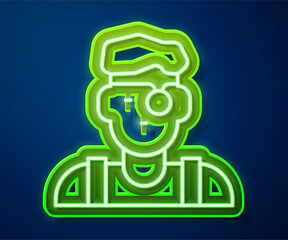 Glowing neon line Jeweler man icon isolated on blue background. Vector