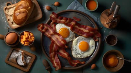 Fototapeta na wymiar Breakfast with bacon. Generative AI
