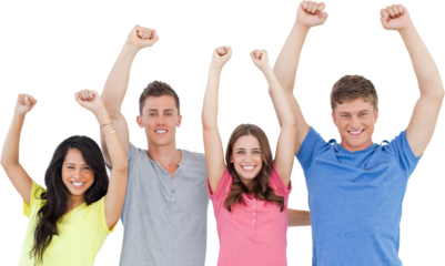 A smiling group of people looking at the camera and celebrating