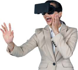 Excited businesswoman wearing virtual video glasses