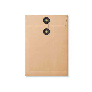 Kraft paper A5/C5 size string and black washer envelope isolated on a transparent background, PNG. High resolution.