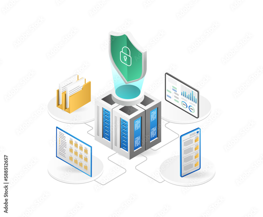 Poster data protection isometric concept. server room with shield and data security icons. vector illustrat