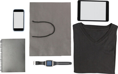 Mobile phone, digital tablet, smartwatch, notepad, t-shirt and paper bag