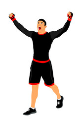 Winner celebrate victory over opponent vector illustration isolated on white background. Sport man fighter with raised spread arms. Ultimate success direct kick. Fanatic fit boy laud glory after game.