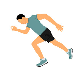 Sprinter runner vector illustration isolated on white background. Marathon racer running man. Sport boy activity concept. Athlete man in explosive start of race. Muscular male in sport wear in focus.