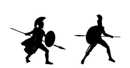 Greek hero ancient soldier in battle with spear and shield combat vector silhouette illustration isolated on white background. Roman legionary, brave warrior in war. Gladiator symbol shadow man shape.