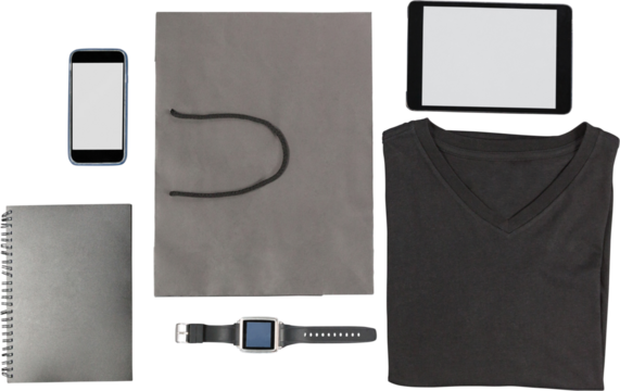 Mobile phone, digital tablet, smartwatch, notepad, t-shirt and paper bag