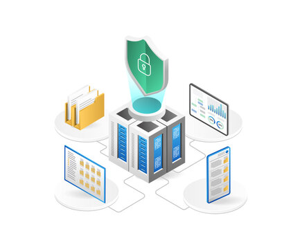 Data protection isometric concept. Server room with shield and data security icons. Vector illustration
