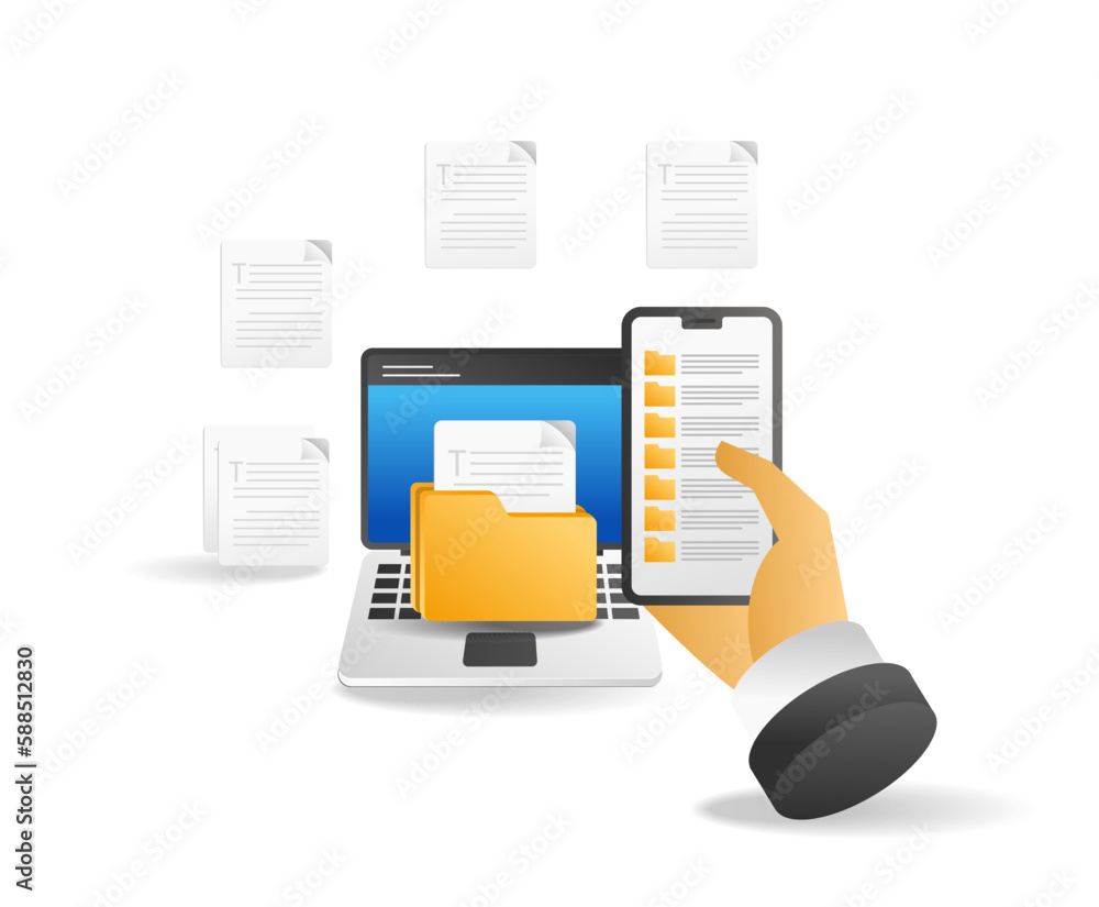 Aufkleber Businessman working with computer and document folder on the screen. Vector illustration