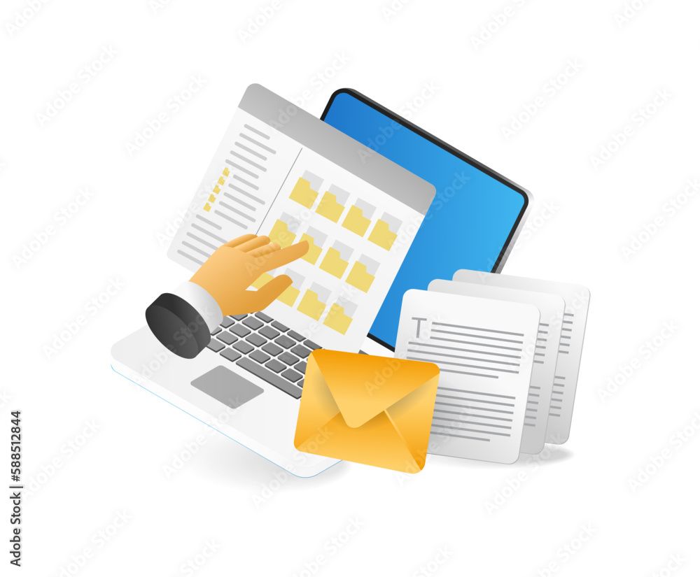 Poster laptop with document and envelope on white background. vector illustration.