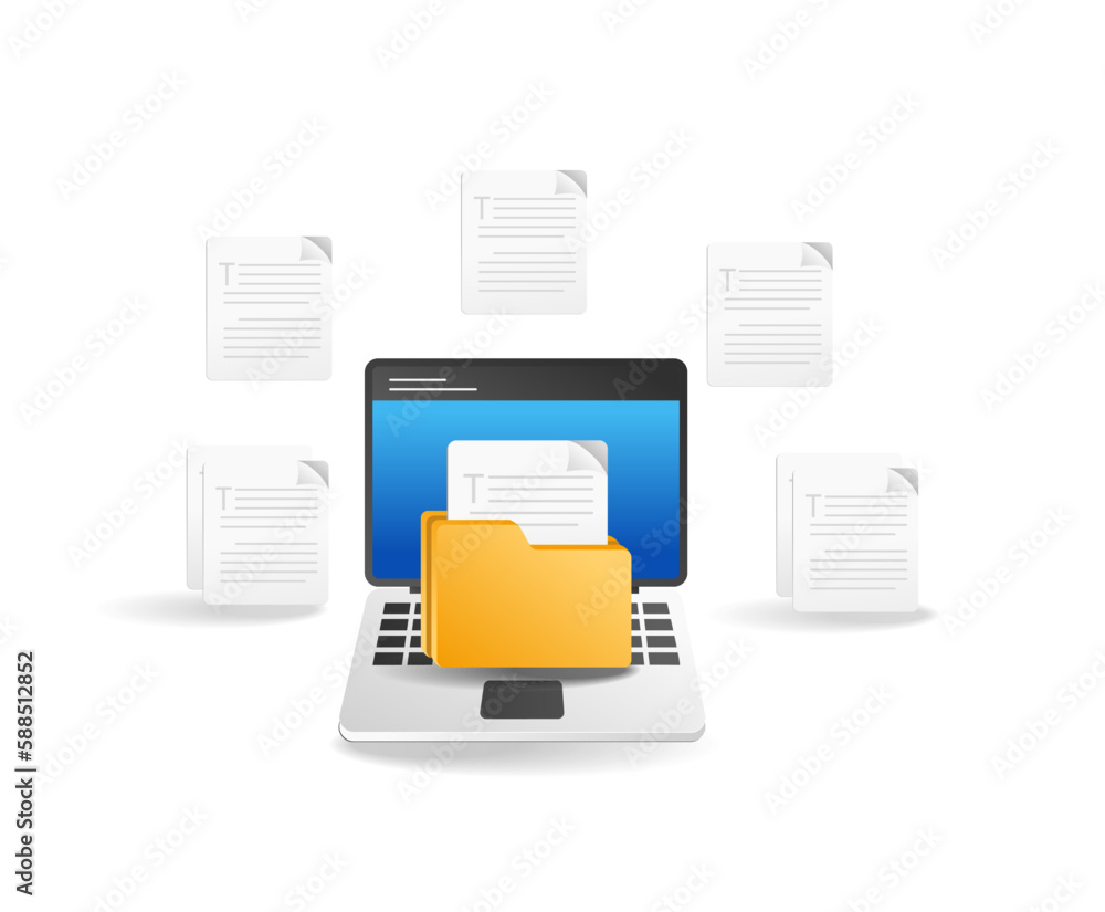Poster laptop with document folders on a white background. vector illustration.