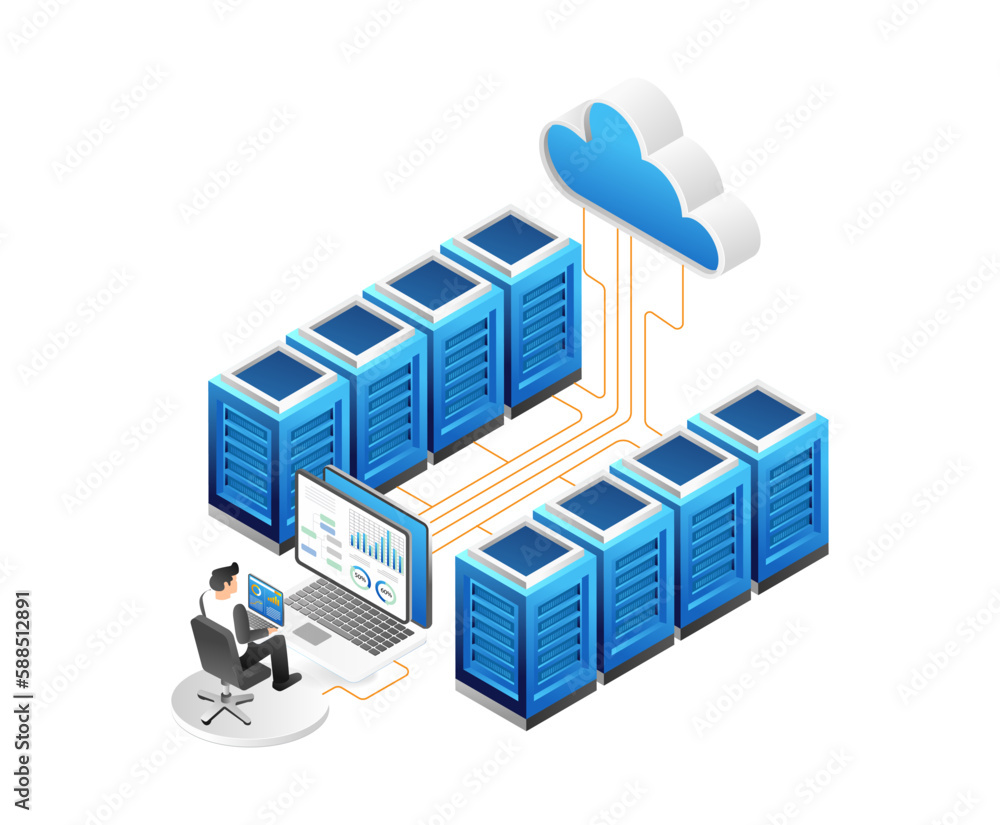 Poster Isometric server room. Cloud computing and data storage. Vector illustration